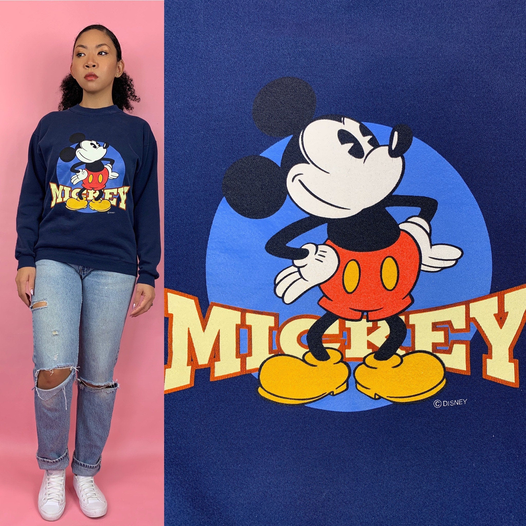 90s Vintage Screen Print Mickey Mouse Navy Blue Crew Neck Sweatshirt / Size Small