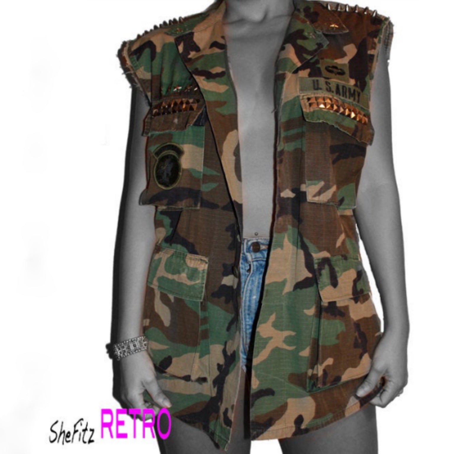 Made To Order Edgy Unisex Vintage Studded Camo Vest