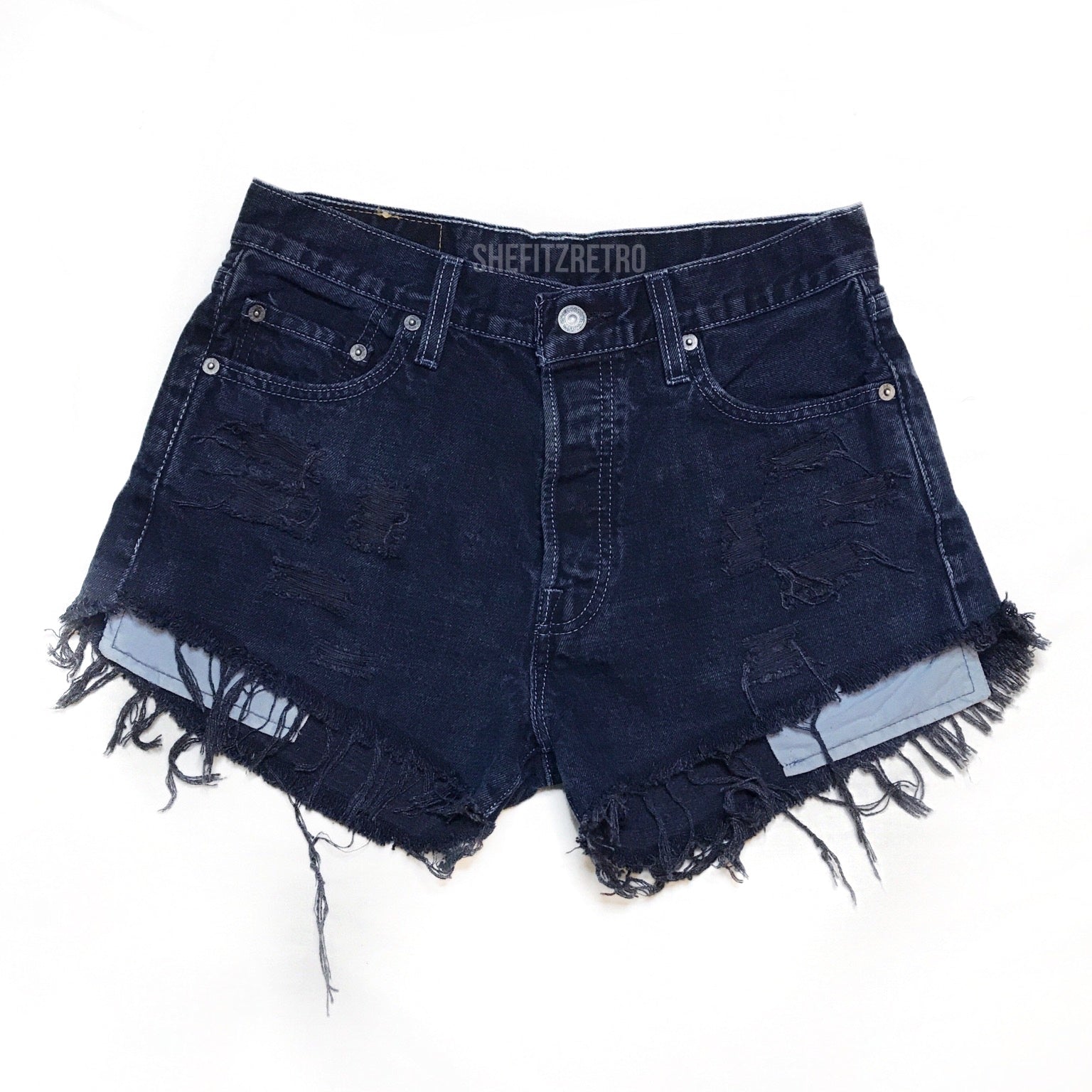 Vintage 501 Navy Distressed Cut Off High Waisted Levis Size 29