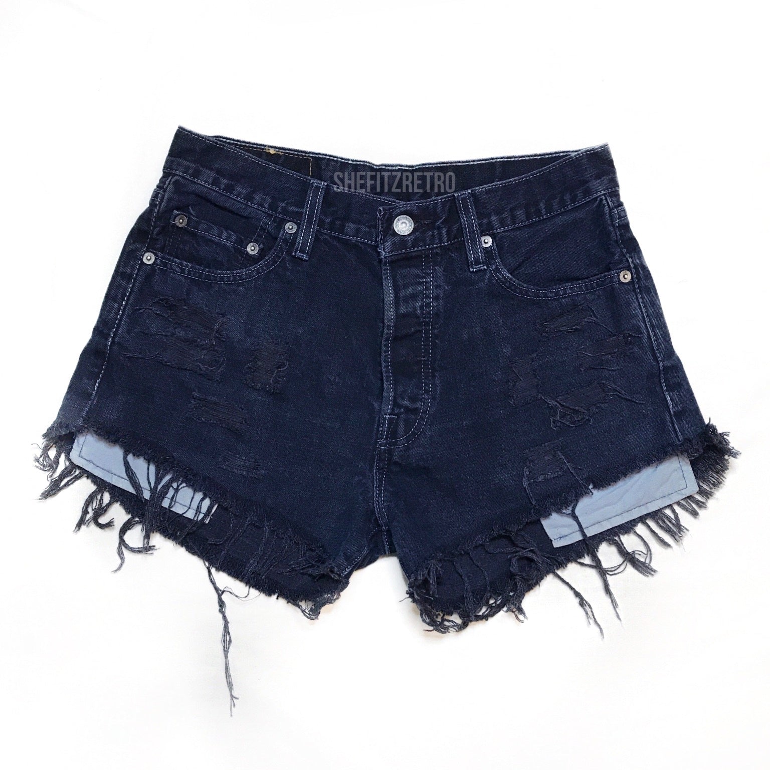 Vintage 501 Deep Navy Blue Distressed Cut Off High Waisted Levis