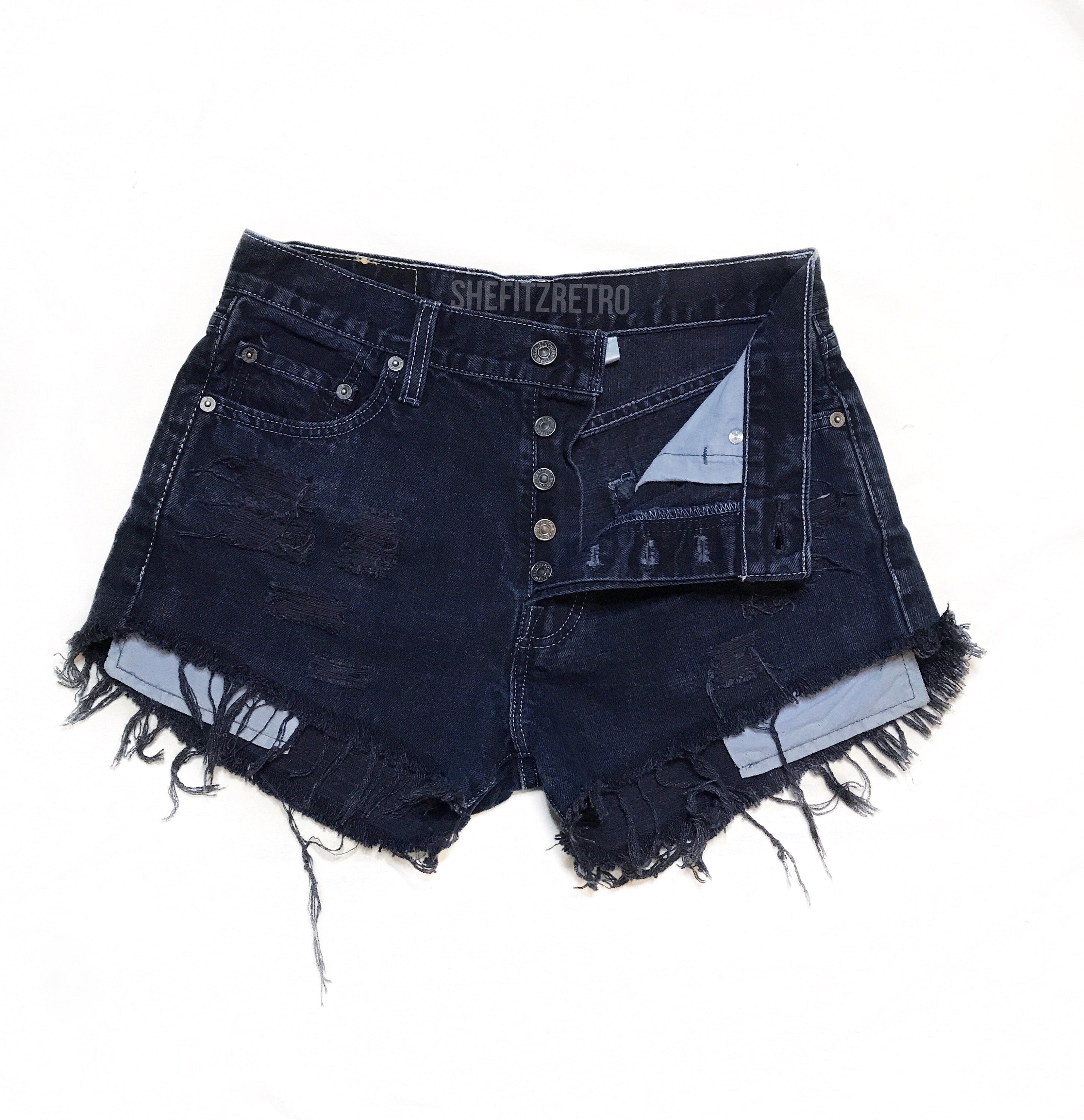 Vintage 501 Deep Navy Blue Distressed Cut Off High Waisted Levis