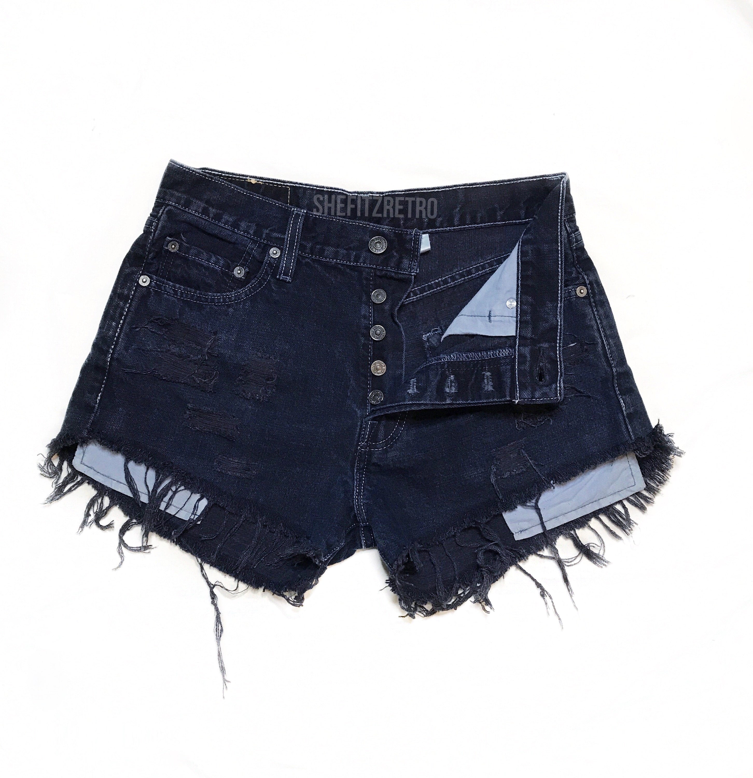 Vintage 501 Navy Distressed Cut Off High Waisted Levis Size 29