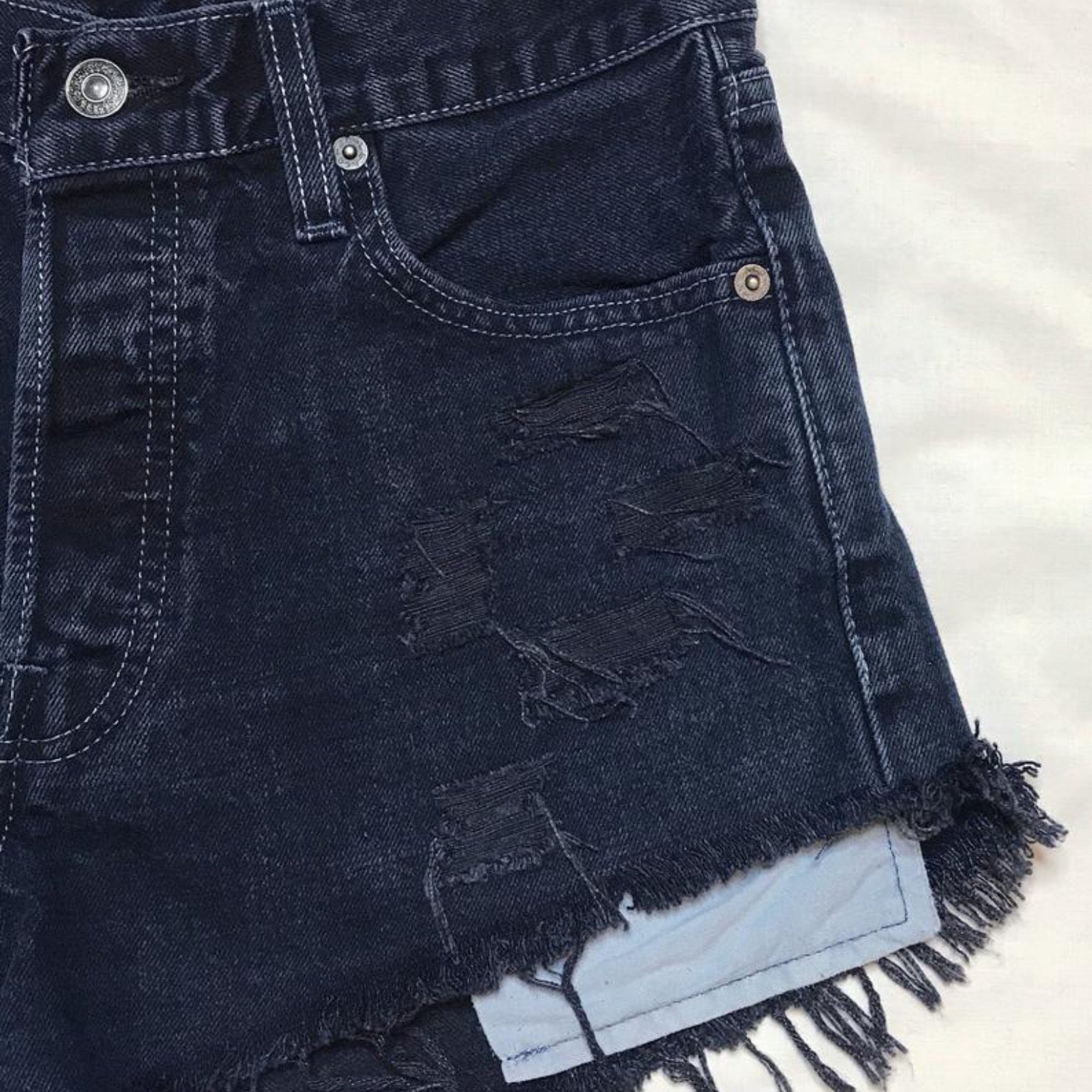 Vintage 501 Deep Navy Blue Distressed Cut Off High Waisted Levis