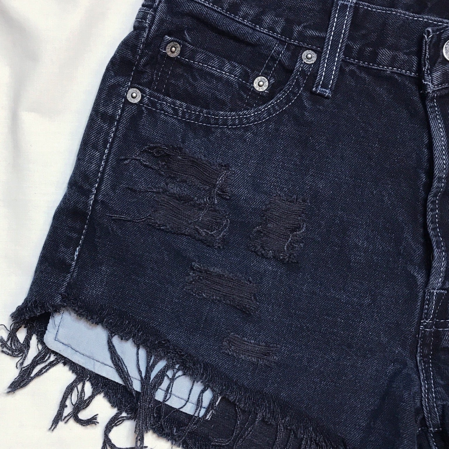 Vintage 501 Deep Navy Blue Distressed Cut Off High Waisted Levis