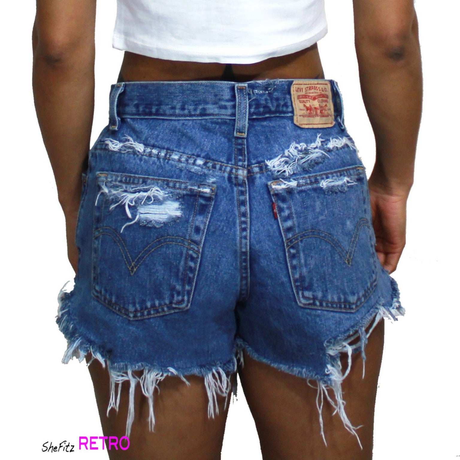 Made To Order Dark Blue Distressed Levis Shorts