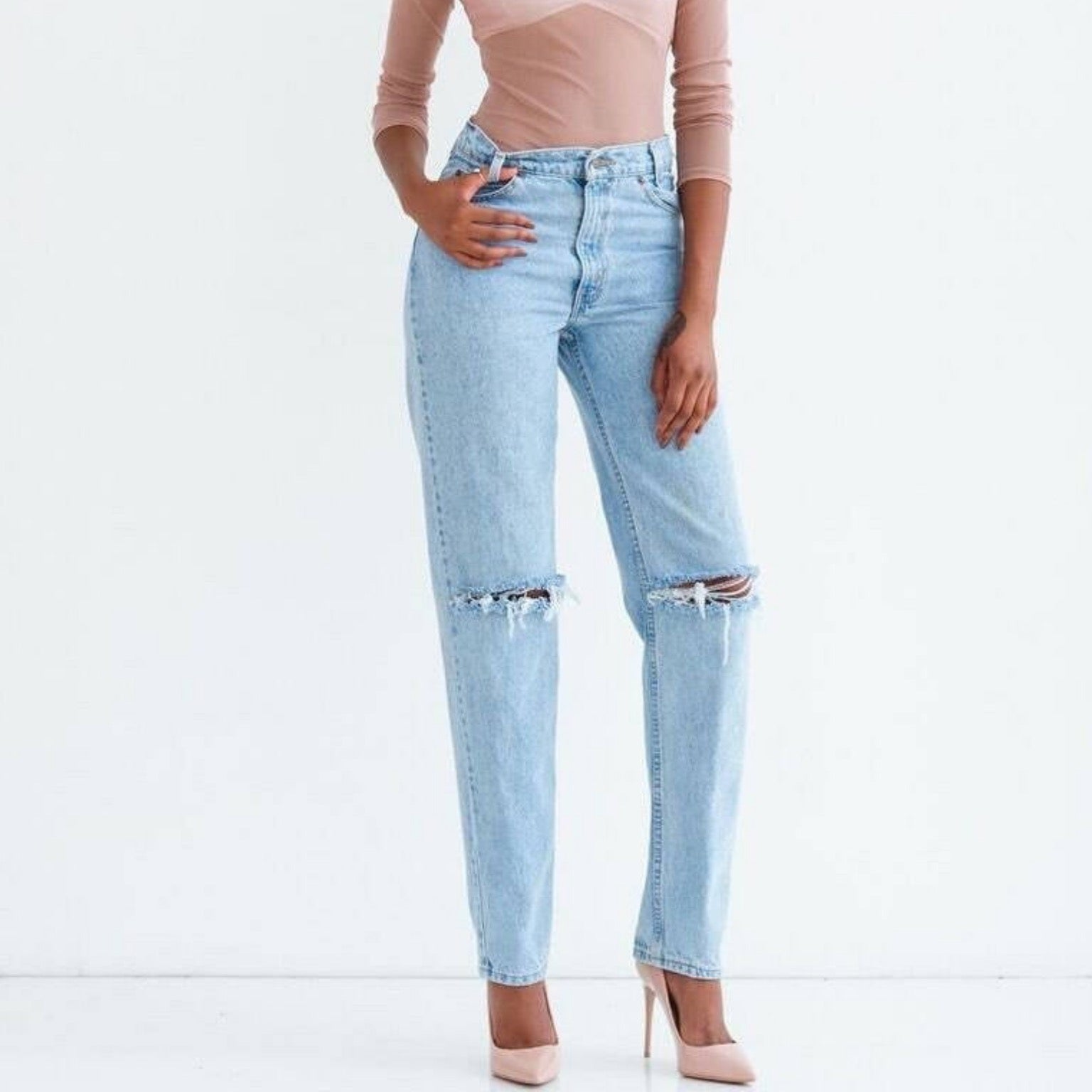 Made To Order Vintage High Waisted Cut Slit Knee Tapered Jeans