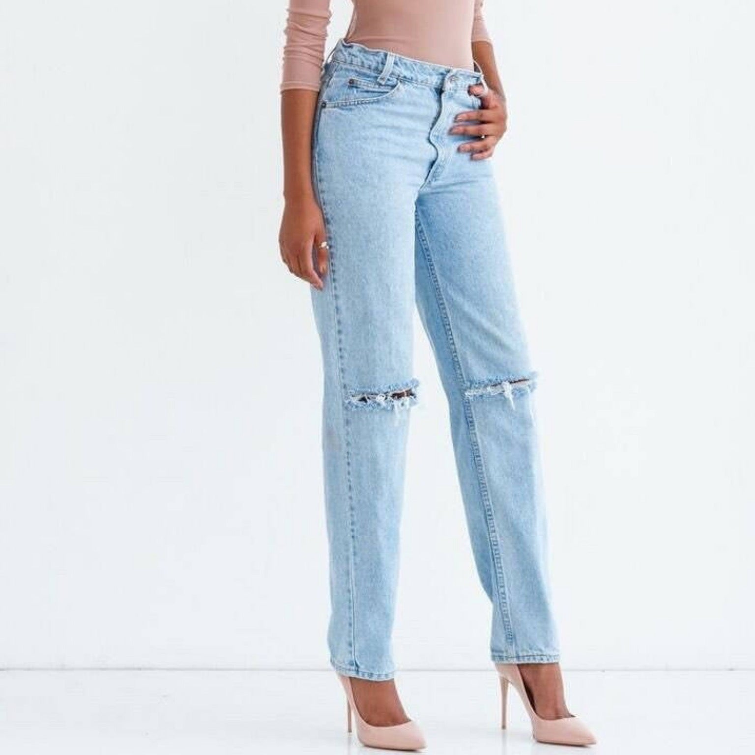 Made To Order Vintage High Waisted Cut Slit Knee Tapered Jeans