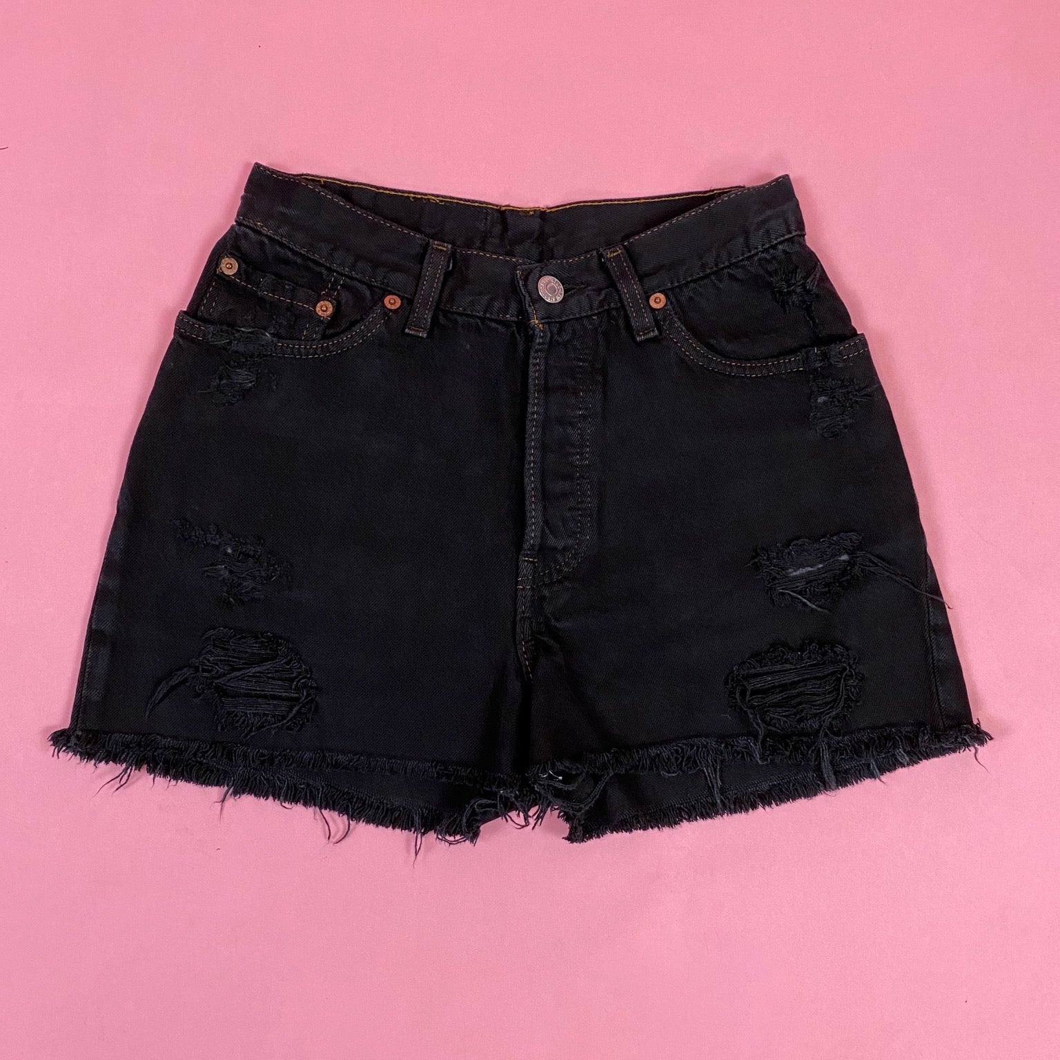 Vintage Black 501 High Waisted Distressed Levi Shorts Size 5