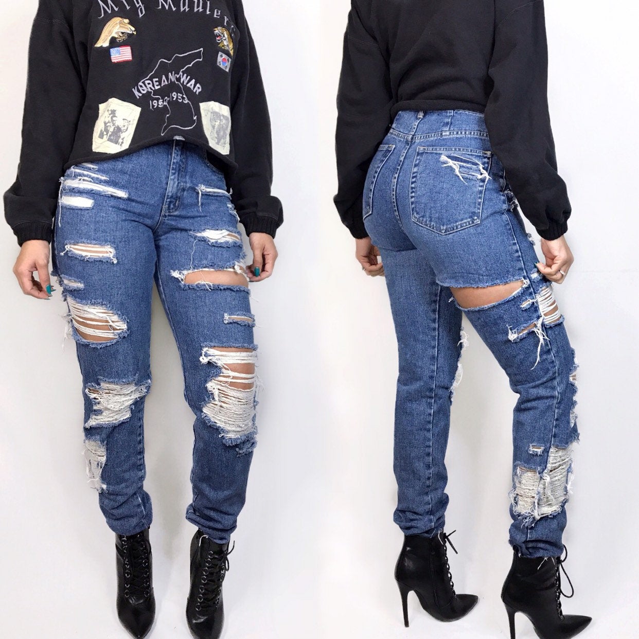 Distressed High Waisted Slim Fit Tapered Medium Dark Jeans Size 6