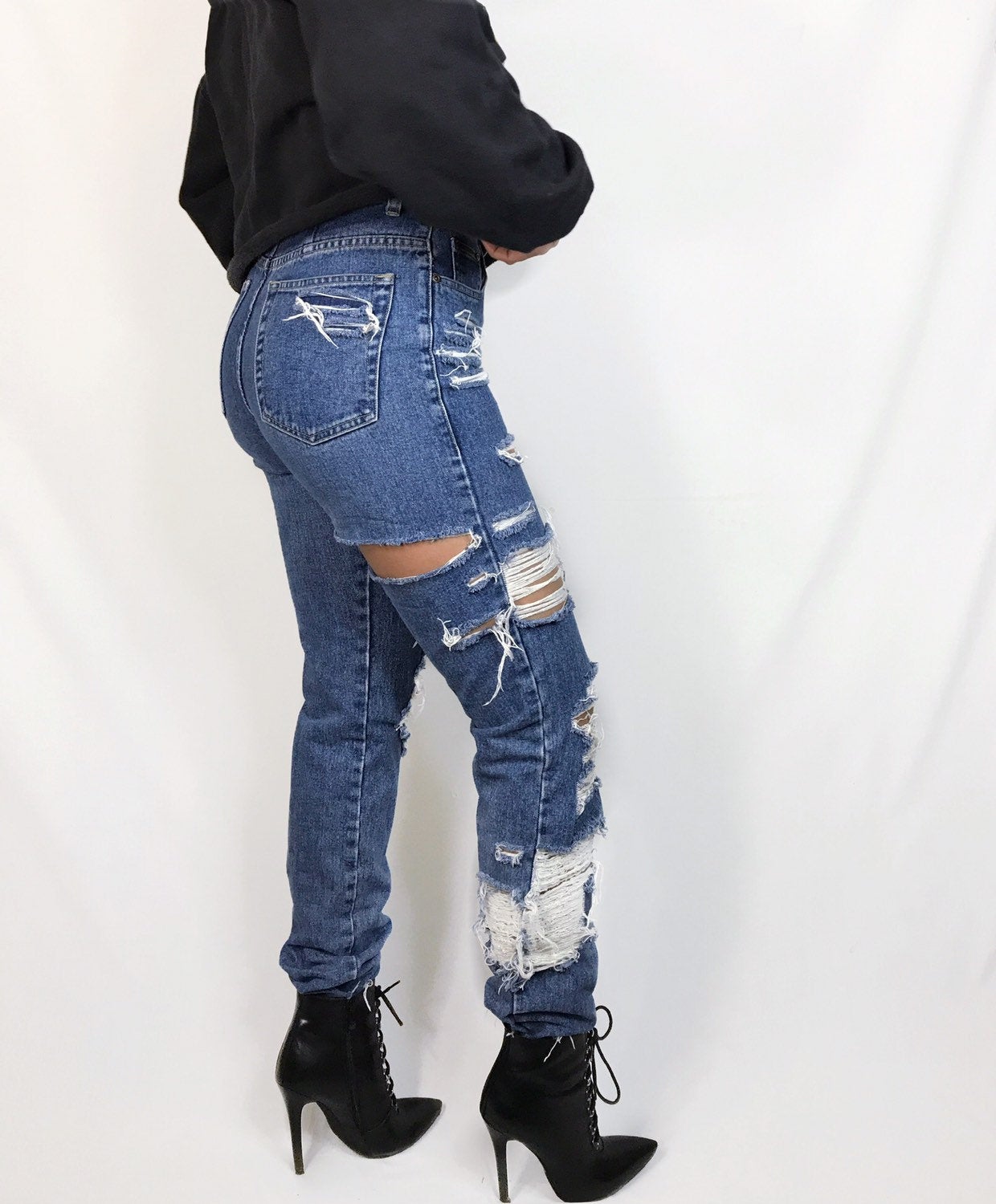 Distressed High Waisted Slim Fit Tapered Medium Dark Jeans Size 6