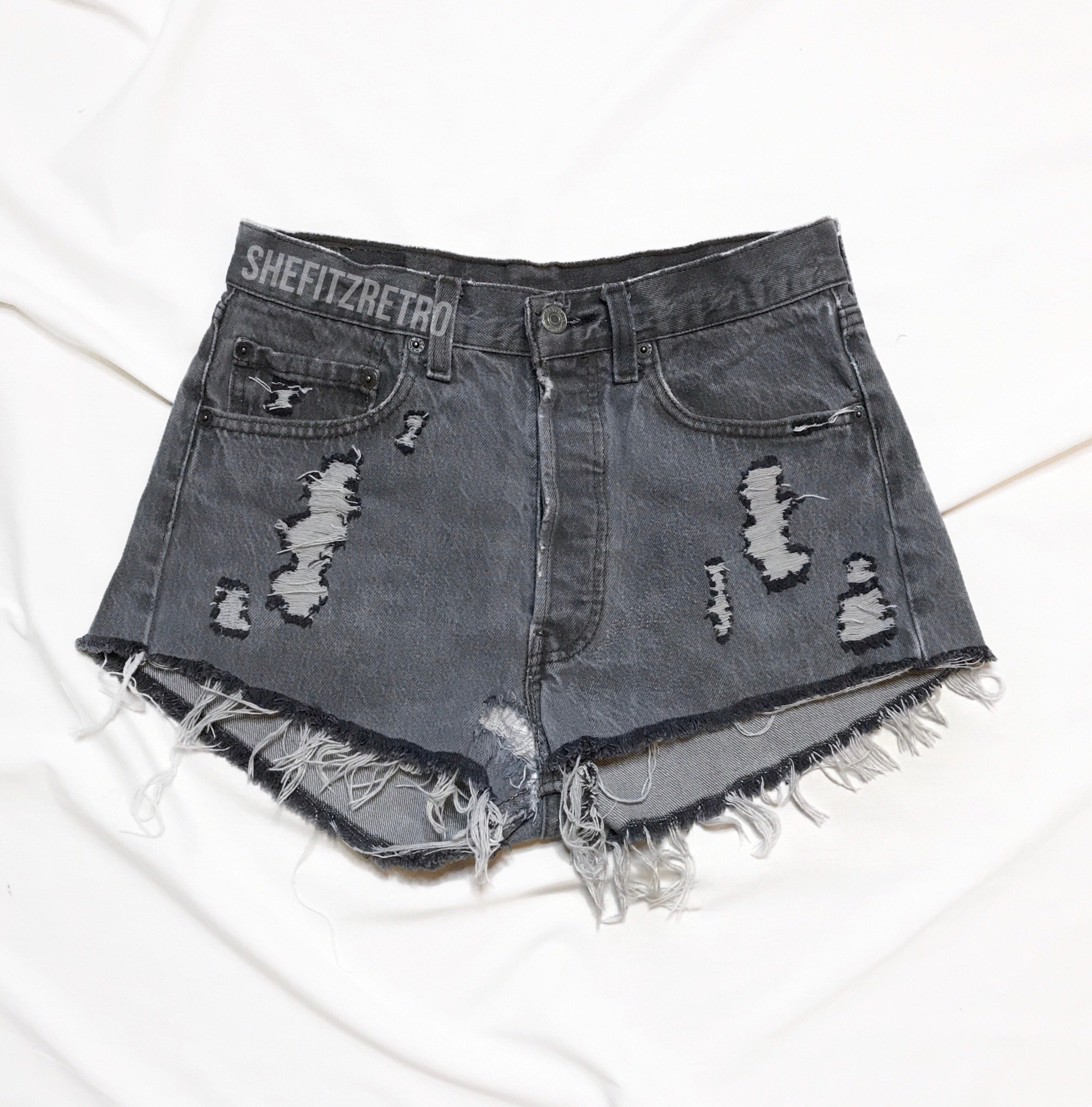 Vintage Faded Grunge 501 Charcoal Ash Gray High Waisted Distressed Levi Shorts Waist Measures 28 Hips 39