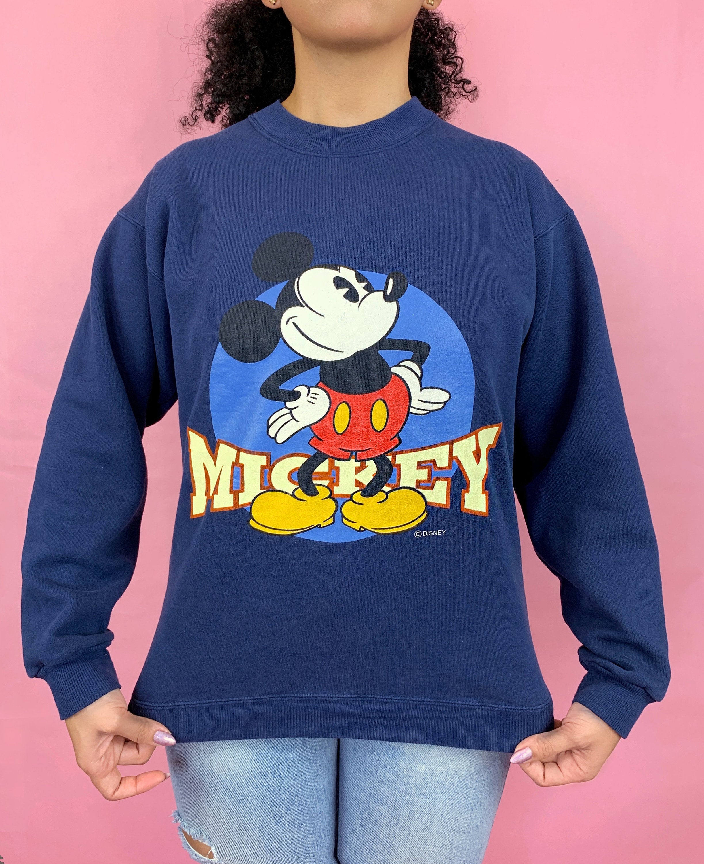 90s Vintage Screen Print Mickey Mouse Navy Blue Crew Neck Sweatshirt / Size Small