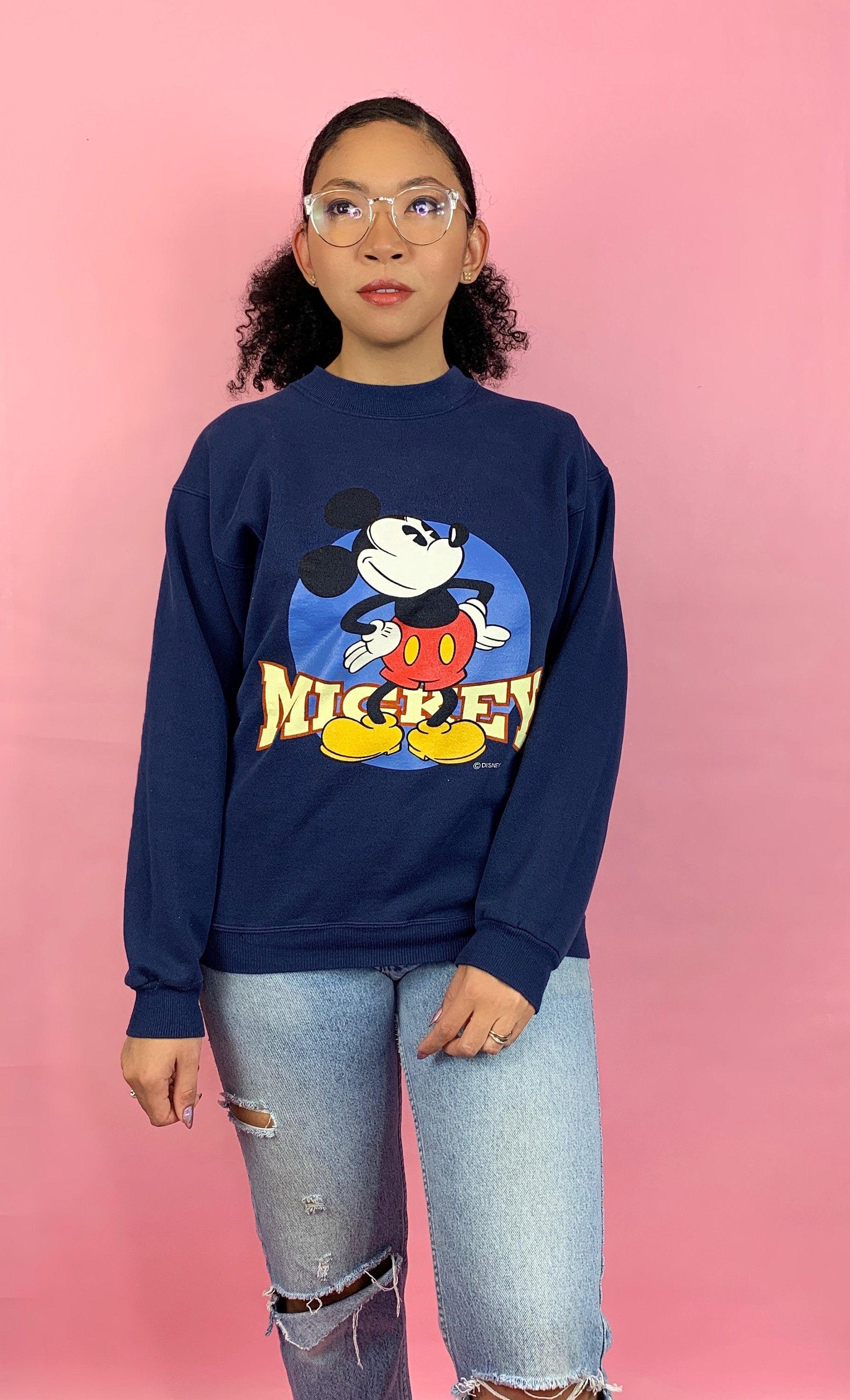 90s Vintage Screen Print Mickey Mouse Navy Blue Crew Neck Sweatshirt / Size Small