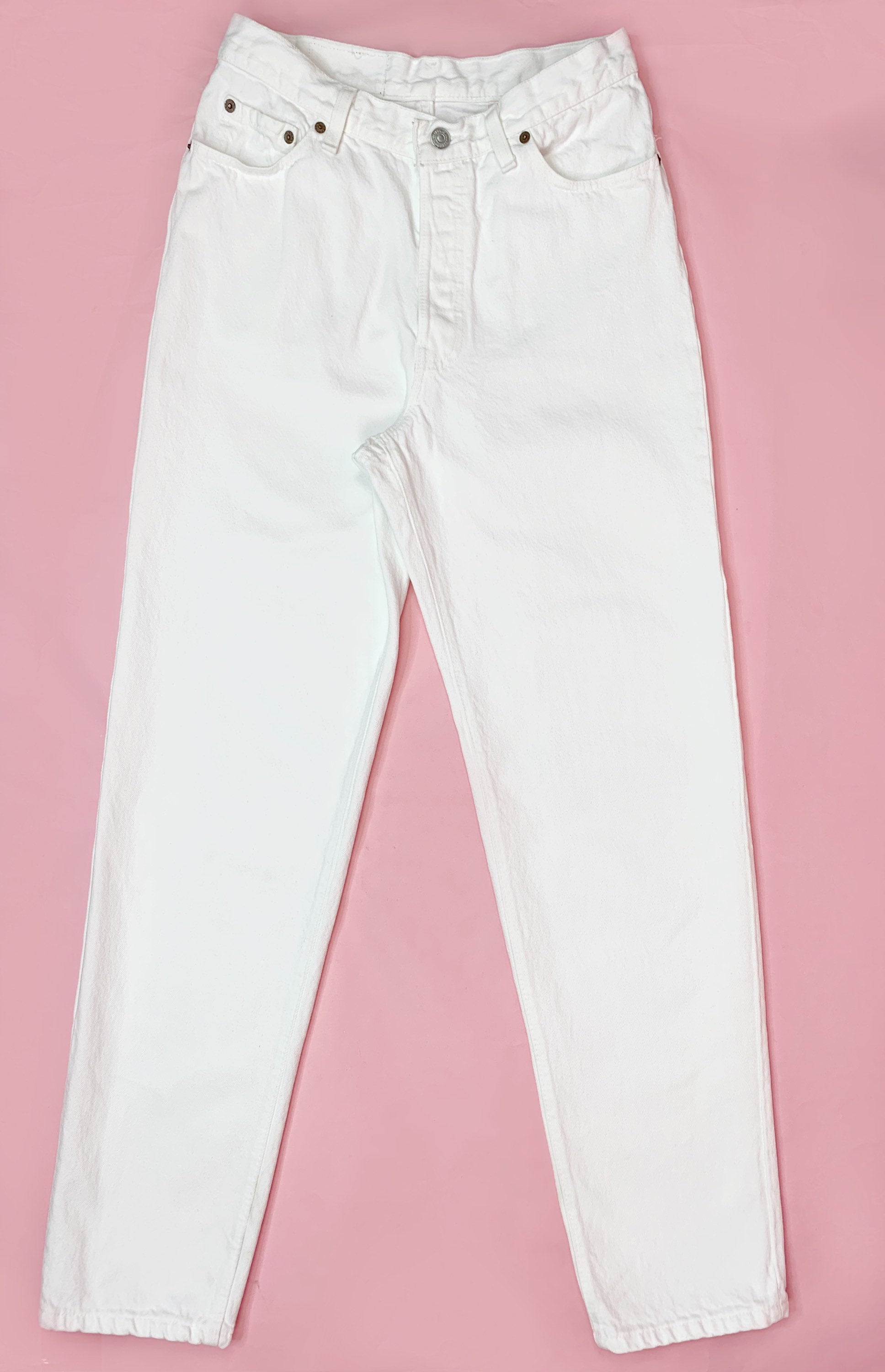 White Vintage Levis High Waisted 501 Button Fly Tapered Leg Jeans | Size 13