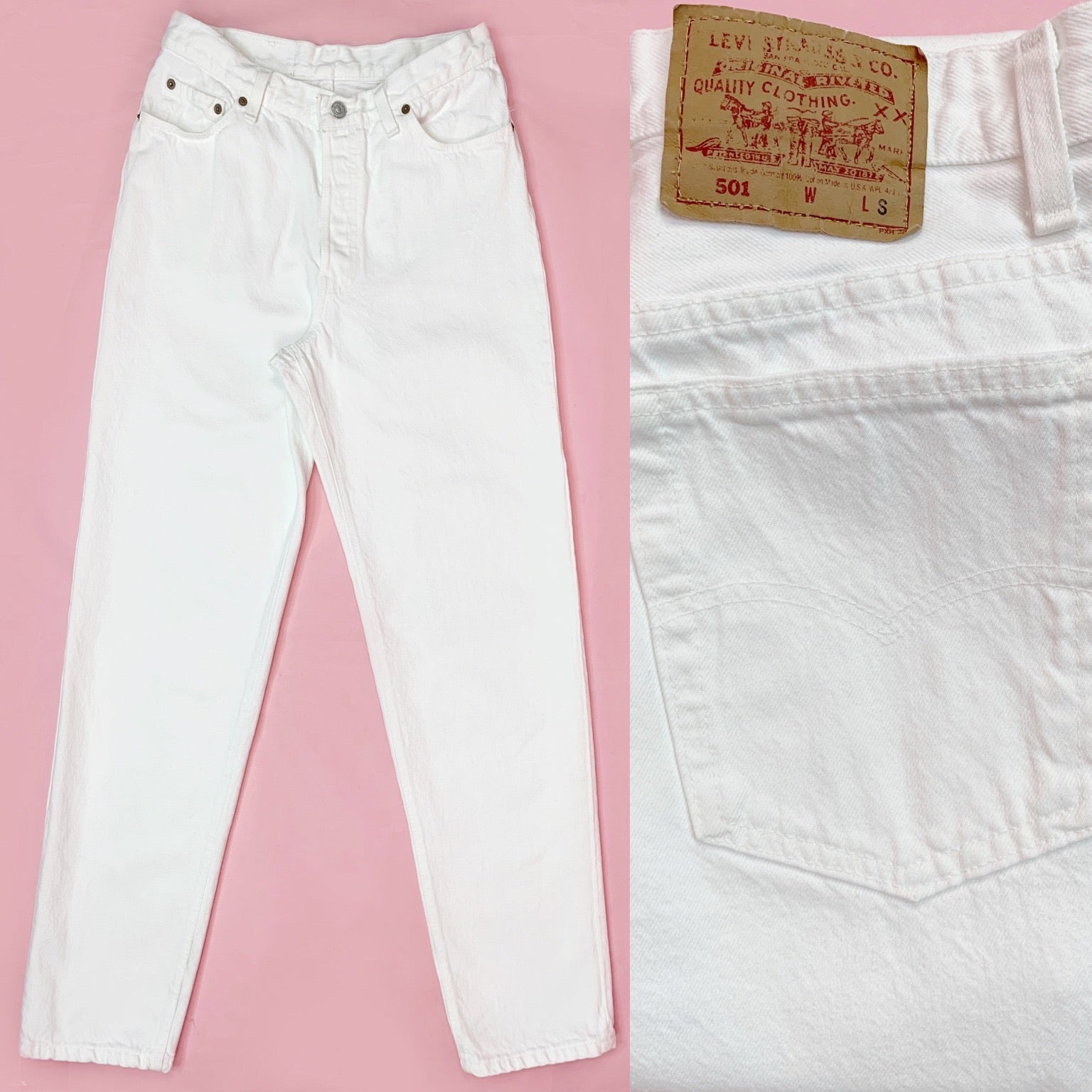 White Vintage Levis High Waisted 501 Button Fly Tapered Leg Jeans | Size 13