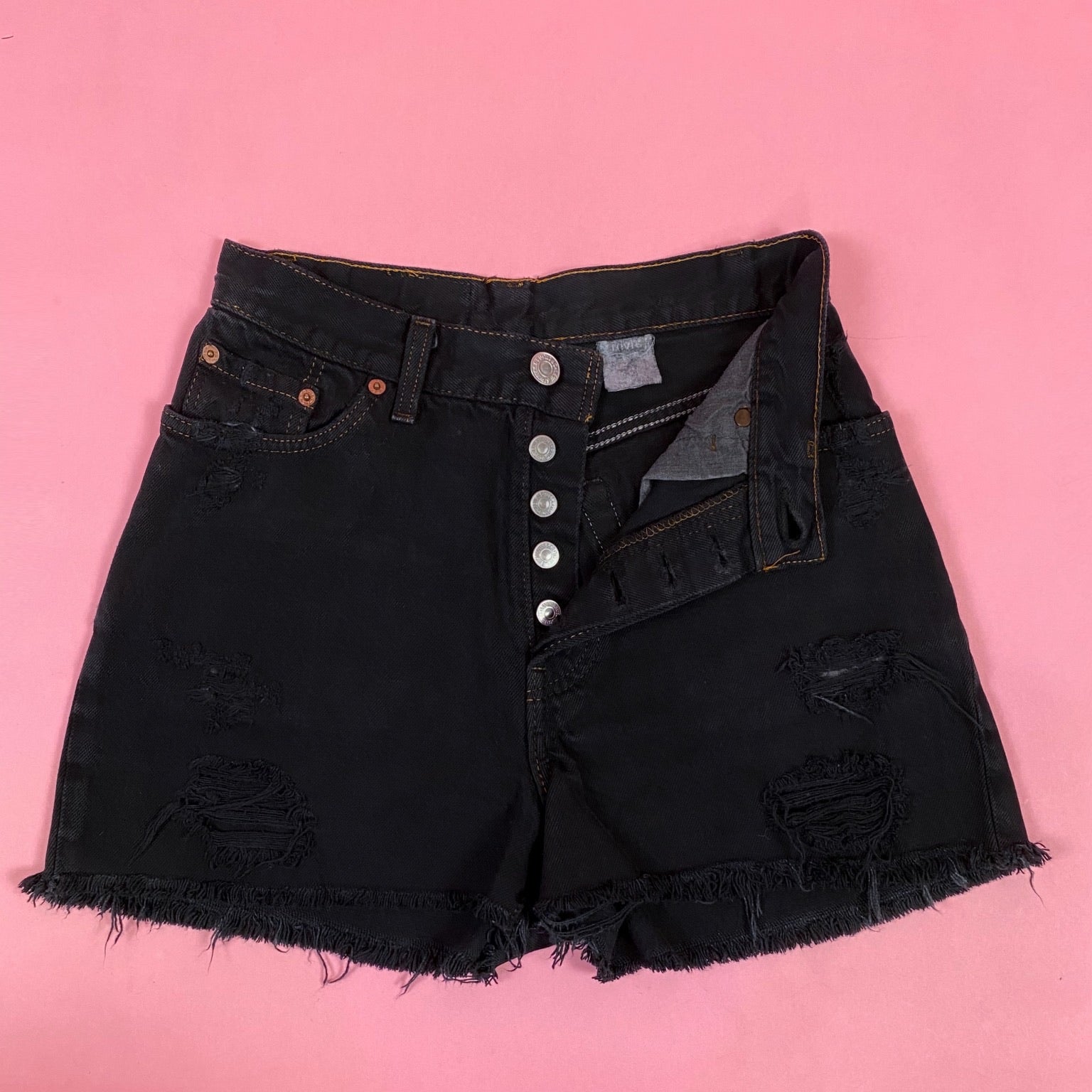 Vintage Black 501 High Waisted Distressed Levi Shorts Size 5