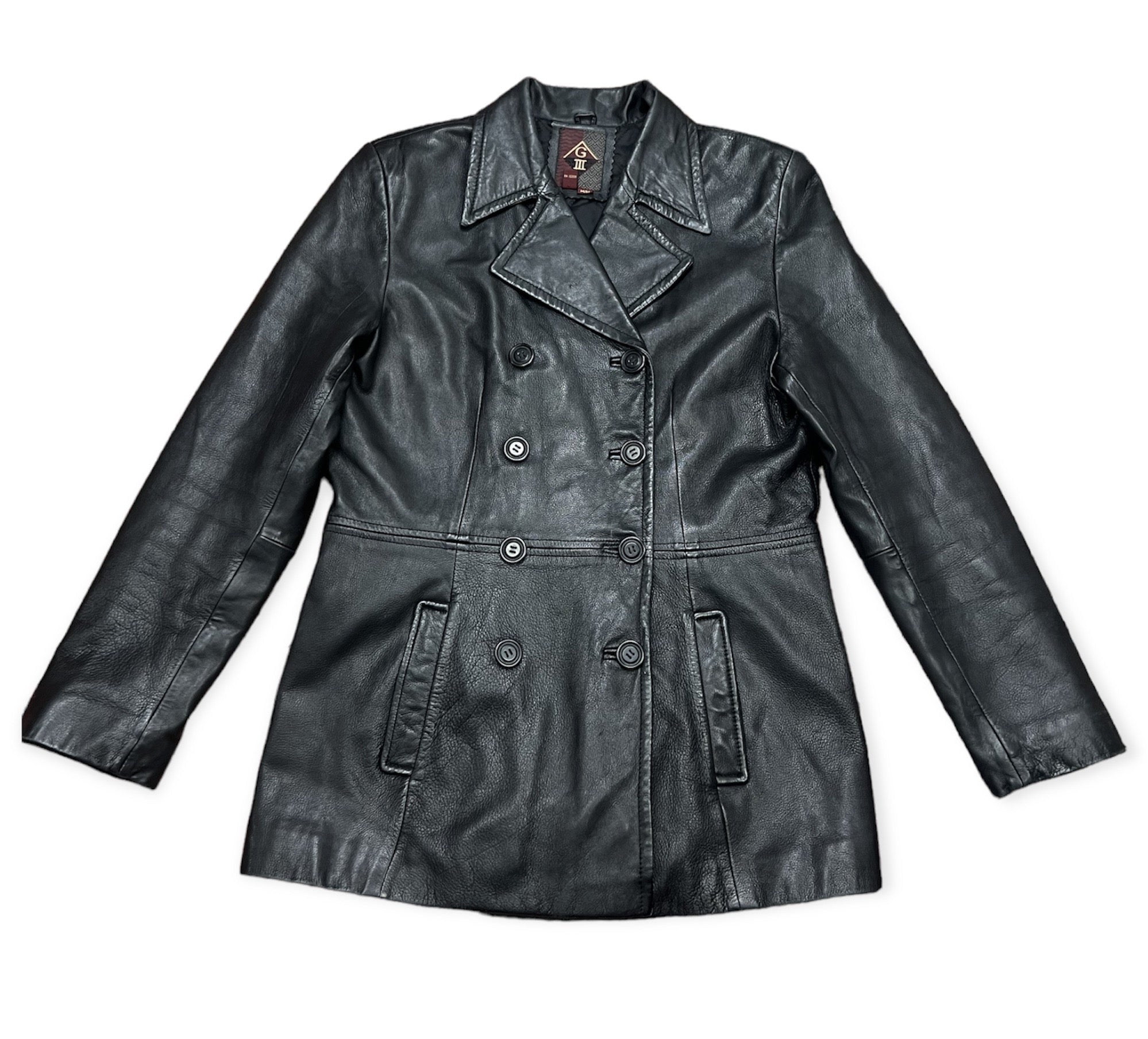 Women’s Vintage Double Breasted Black Leather Jacket Size M